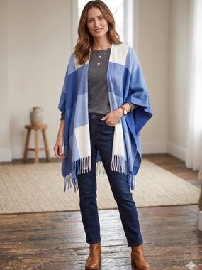 Just Jamie Wrap Shawl Poncho Blue White Plaid Fringe Trim Nordstrom Rack SOFT